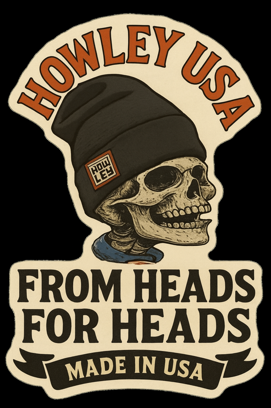 Skull wearing a beanie with 'Howley USA' branding and text on a beige background