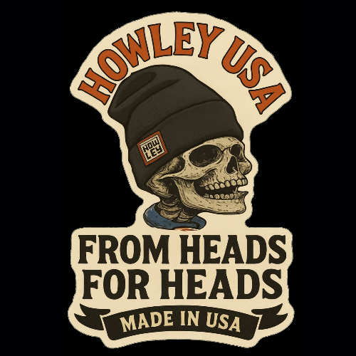 Logo with skull wearing a beanie and text 'Howley USA' on a black background